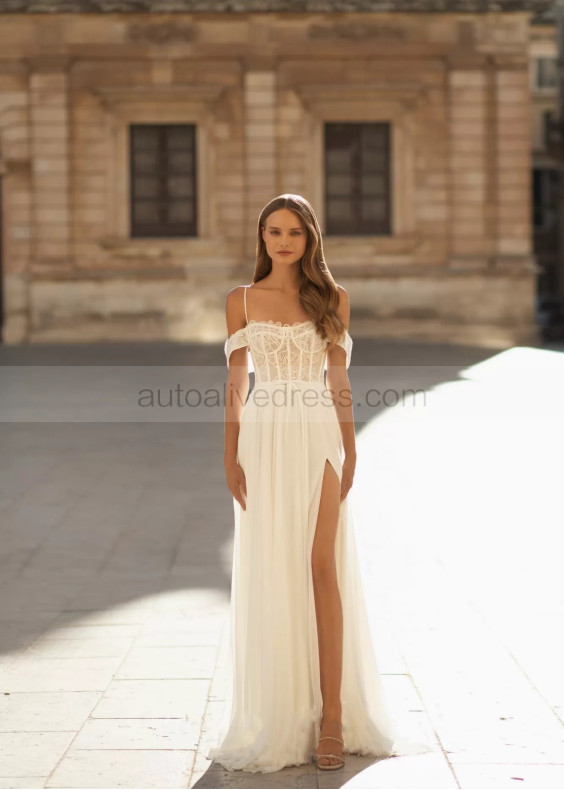 Cold Shoulder Ivory Lace Chiffon Slit Wedding Dress Cold Shoulder Ivory Lace Chiffon Slit Wedding Dress